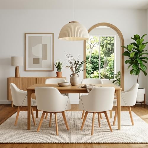 Swivel Dining Chairs Set of 6 with Arms and Wood Legs, Beige | Beech Wood Frame, Linen Fabric Upholstered Kitchen Chairs, Mid Century Modern, 18.5" Widen Seat, For Dining Room, Living Room