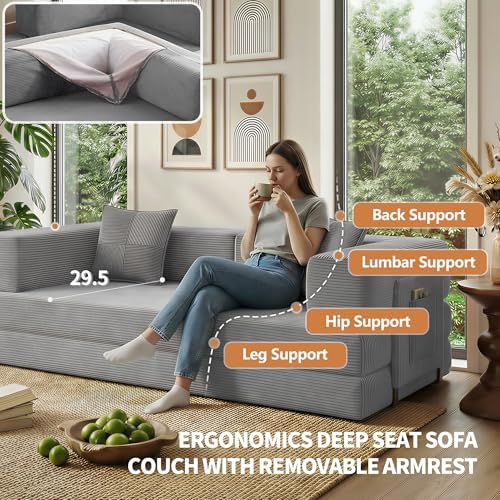 78.8" Couch for Living Room, Futon Sleeper Sofa Bed | Convertible Sofa Bed, Corduroy Pull Out Couch Loveseat with Storage Pocket, Modular Design, No Assembly, Grey