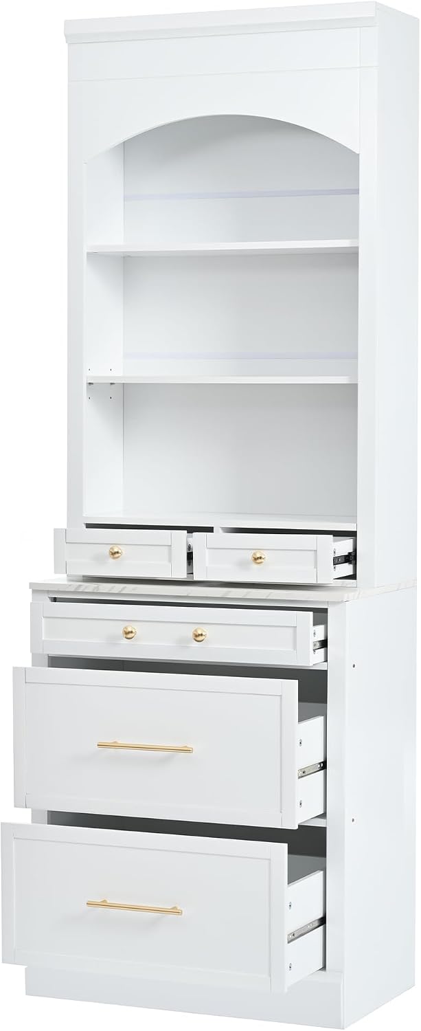 Mirightone 83.7Inch Tall Kitchen Pantry Cabinet, Corner Cabinet with 5 Storage Drawers and Adjustable Shelf, Freestanding Kitchen Pantry with Faux Marble Top. White