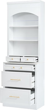Mirightone 83.7Inch Tall Kitchen Pantry Cabinet, Corner Cabinet with 5 Storage Drawers and Adjustable Shelf, Freestanding Kitchen Pantry with Faux Marble Top. White