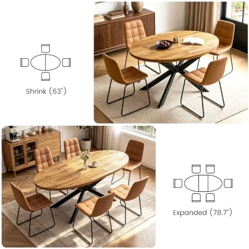 63"-78.7" Extendable Oval Dining Table Set for 6 | 7 Piece Large Round Walnut Table Set, 6 Brown Dining Chairs, Living Room, Kitchen, Space Saving, Mid Century Modern
