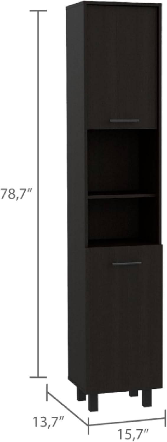 Kitchen Pantry 79" H, Two Open Storage Shelves, Three Internal Shelves, Two Doors, Four Legs, Black