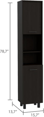 Kitchen Pantry 79" H, Two Open Storage Shelves, Three Internal Shelves, Two Doors, Four Legs, Black
