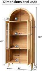 Light Brown Tall Arched Cabinet with Glass Doors Storage Cabinet Engineered Wood Display Cabinet for Kitchen Dining Room Living Room Anti Tip Design