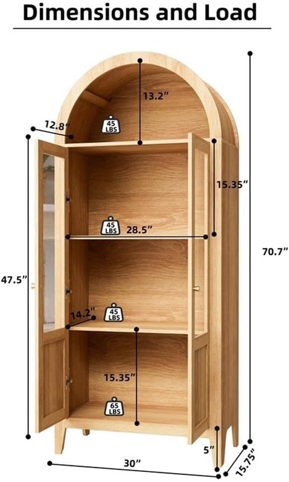 Light Brown Tall Arched Cabinet with Glass Doors Storage Cabinet Engineered Wood Display Cabinet for Kitchen Dining Room Living Room Anti Tip Design