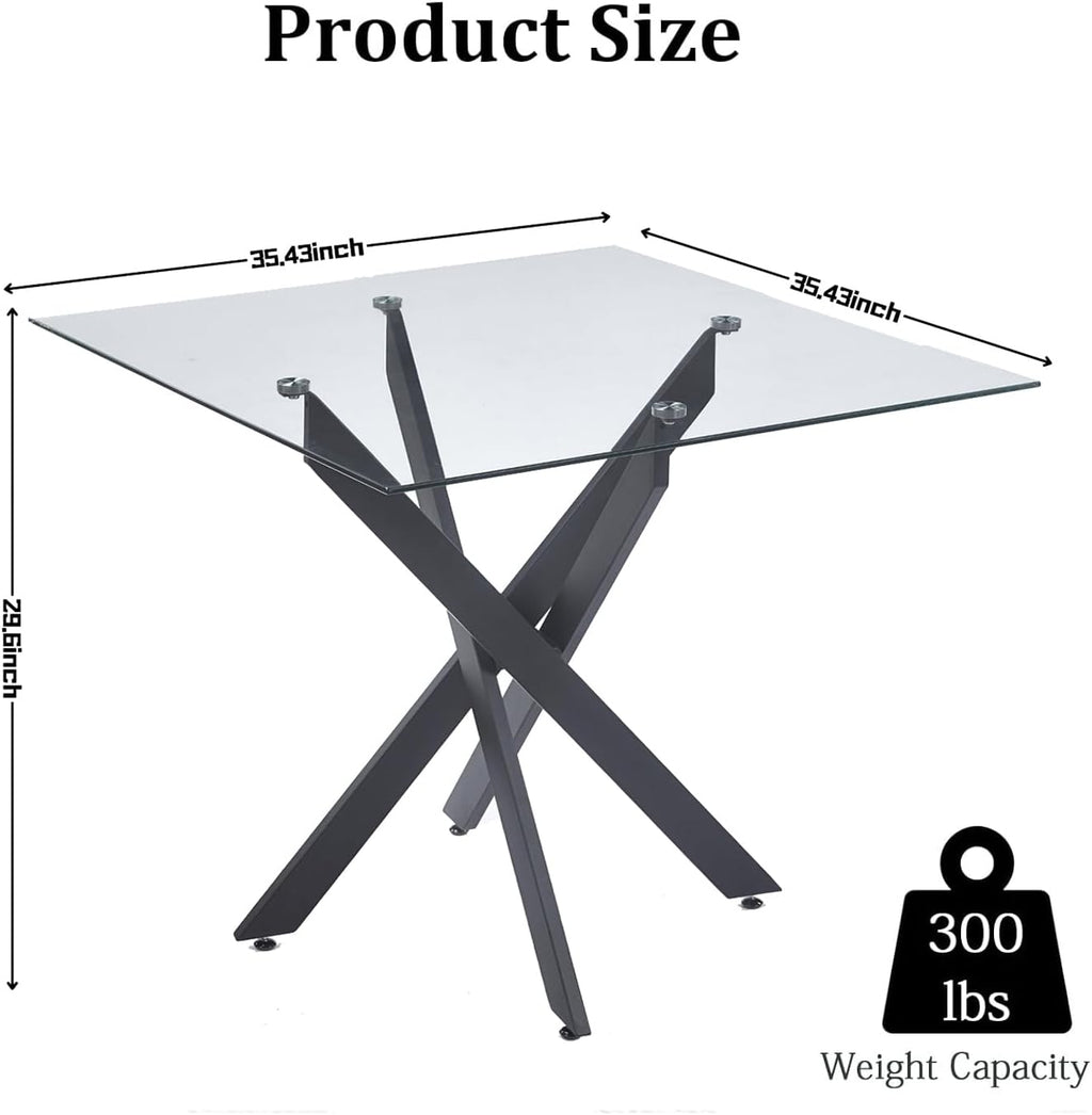 Square Dining Table for 4, 36" Modern Glass Kitchen Dining Room Table with Black Metal Cross Legs, Tempered Glass Tabletop, Perfect for Dinner Kitchen Living Dining Room