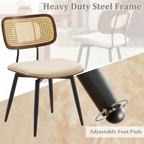 Swivel Dining Chairs with Rattan Back, Rattan Leather Dining Chairs with Swivel Metal Legs, Mid-Century Modern Synthetic Leather Upholstered Kitchen Chair, Set of 2, Beige