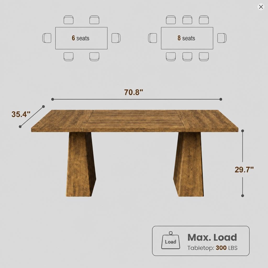 71 Inch Rectangular Dining Table, Wooden Kitchen Table with Sturdy Heavy Duty Legs, Modern Dining Room Furniture for 6-8 People Family Use