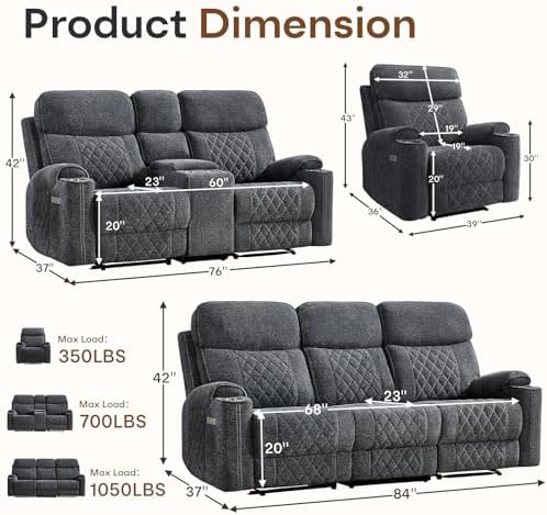 HAOMARKETS 3-Piece Power Recliner Sofa Set with Charging Port, Include Single Recliner Chair, 2-Seater Loveseat Reclining Couch and 3-Seater Reclining Sofa with Cup Holders for Living Room, Dark Grey