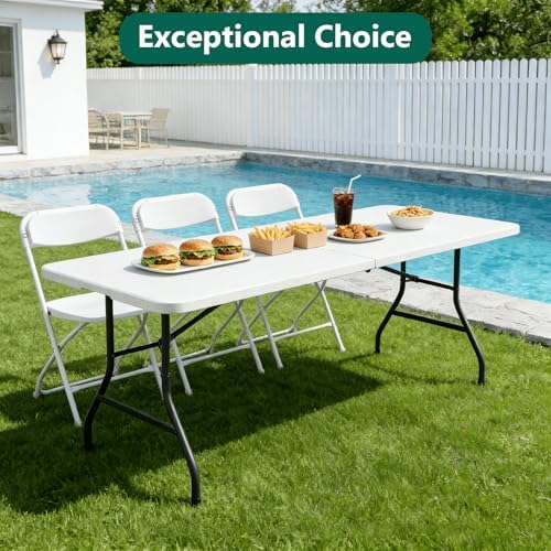 Folding Table 1 Pack, 6FT Folding Table Portable with Built-in Handle, Heavy Duty Plastic Table with Steel Legs Supports to 300lbs, Suitable for Party, Camping, Events Indoor&Outdoor Use, White