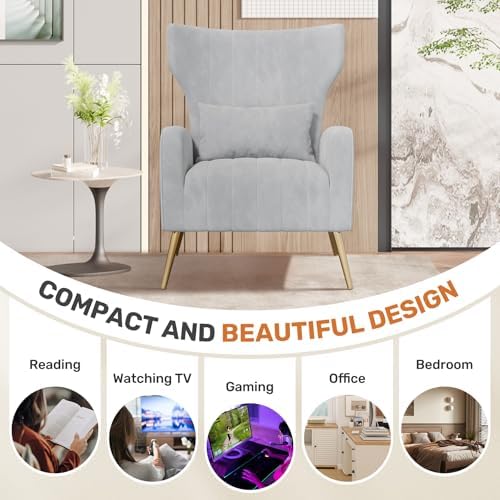 Nalupatio Velvet Accent Chairs Set of 2 Modern High Back Armchair Arm Chair with Lumbar Pillow, High Back Upholstered Single Sofa Chair with Gold Metal Legs for Bedroom,Light Gray