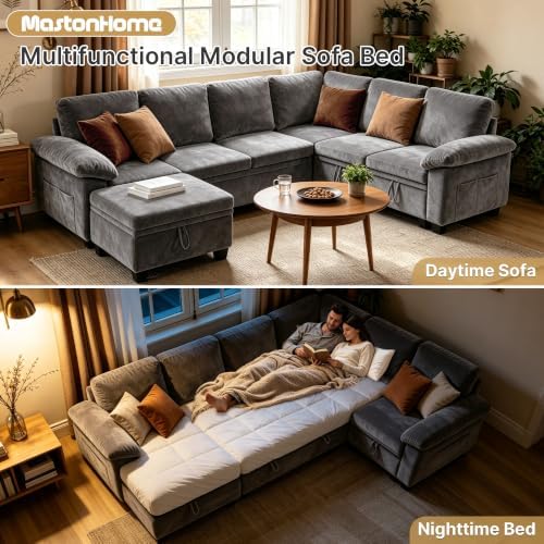 109" Sectional Sleeper 7 Sest Modular Couch Pull-Out Storage Sofa Bed | MastonHome Convertible U-Shaped Cloud Couch with Pillow Armrests, Chenille Fabric for Living Room, Apartment, Grey