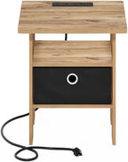 Pemberly Row Charging Station End Table, Composite Wood, Flagstaff Oak/Black Finish, 2 AC Outlets, USB & Type-C Ports, Includes Basket, 15.55 x 15.55 x 17.68 in, Living Room/Bedroom Use