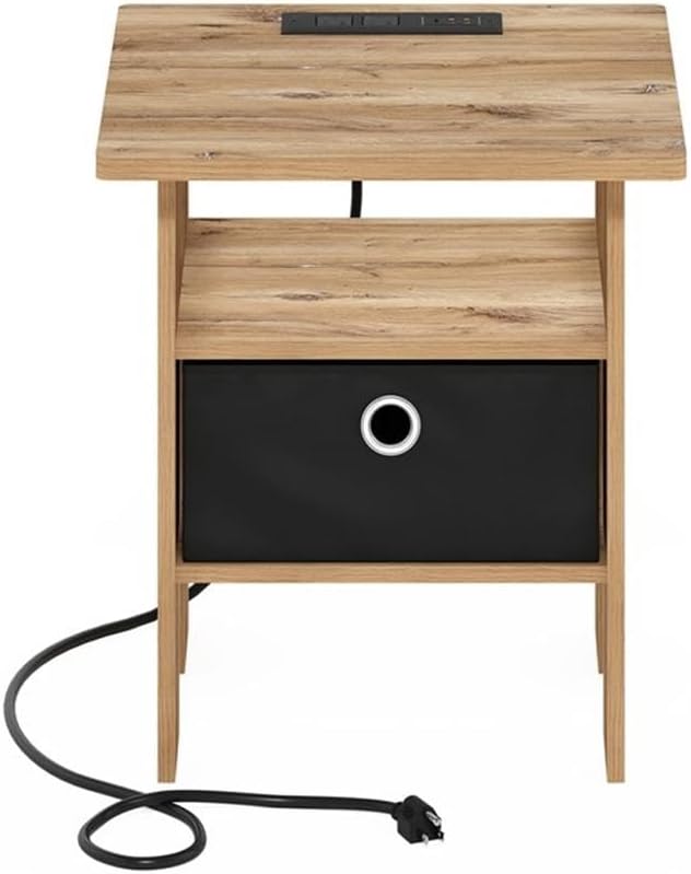Pemberly Row Charging Station End Table, Composite Wood, Flagstaff Oak/Black Finish, 2 AC Outlets, USB & Type-C Ports, Includes Basket, 15.55 x 15.55 x 17.68 in, Living Room/Bedroom Use
