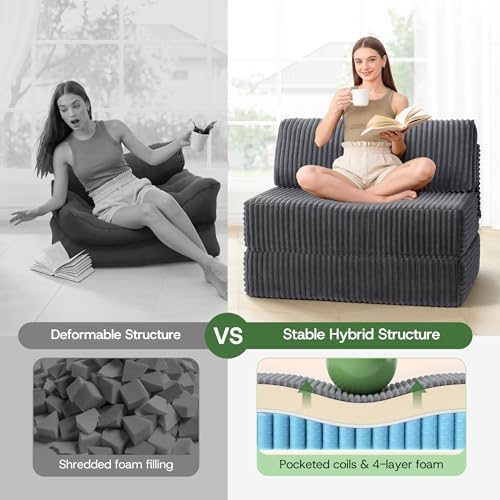 Convertible 4-in-1 Folding Sofa Bed Sleeper Chair Couch Foldable Chaise Lounger & Mattress Pocket Coils+Foam Fill Medium Support, No Assembly for Living Room/Bedroom, Twin