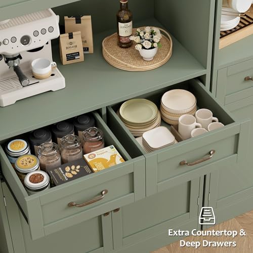 HOSTACK 71" Tall Kitchen Pantry Storage Cabinet, Wood Kitchen Hutch, Green | Modern Pantry Cabinet with Microwave Stand, Hutch Cabinet with Countertop & Drawers, Storage Cabinet for Living Room