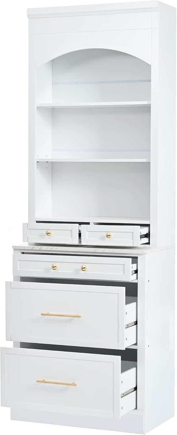 JIJIWANG Modern 83.7inch High Kitchen Pantry, Freestanding Tall Kitchen Hutch with Faux Marble Top, Display Cupboard Cabinet with 5 Storage Drawers and Adjustable Shelf, White