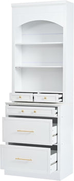 JIJIWANG Modern 83.7inch High Kitchen Pantry, Freestanding Tall Kitchen Hutch with Faux Marble Top, Display Cupboard Cabinet with 5 Storage Drawers and Adjustable Shelf, White
