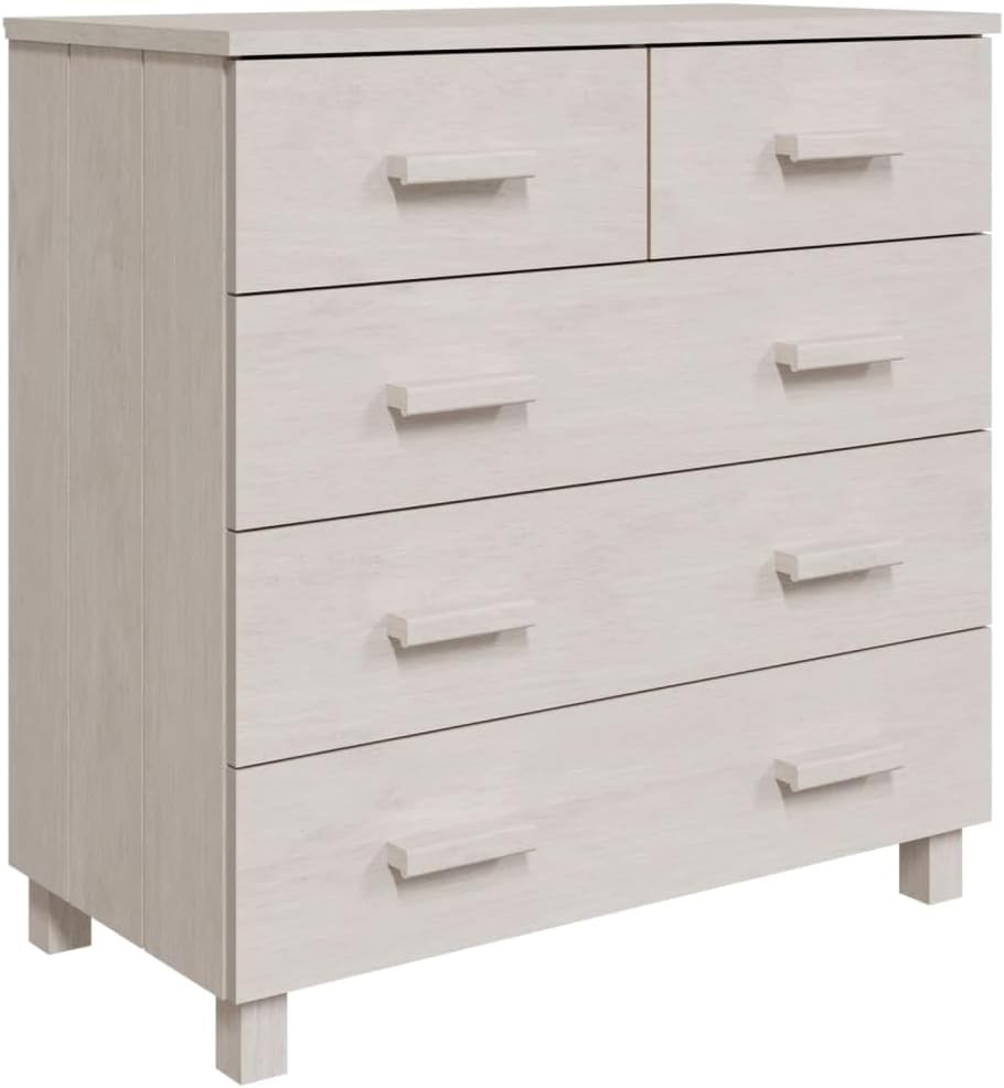 White Sideboard Buffet Cabinet, Solid Pine Wood and MDF Dining Room Credenza with 5 Drawers and Sliding Doors, Modern Accent Storage Cabinet for Living Room and Foyer
