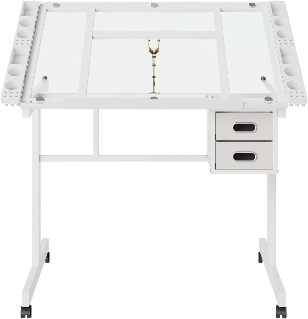 Rolling Drafting Table on Wheels, Painting Table Art Craft Desk Crafting Table with Tilting Transparent Tempered Glass Top, 2 Fabric Storage Drawers and 4 Wheels (White)