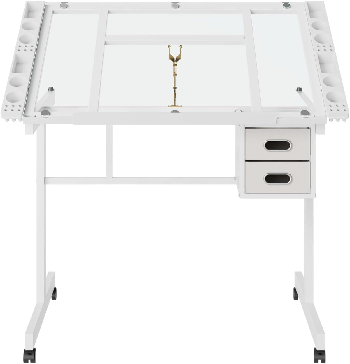 Rolling Drafting Table on Wheels, Painting Table Art Craft Desk Crafting Table with Tilting Transparent Tempered Glass Top, 2 Fabric Storage Drawers and 4 Wheels (White)