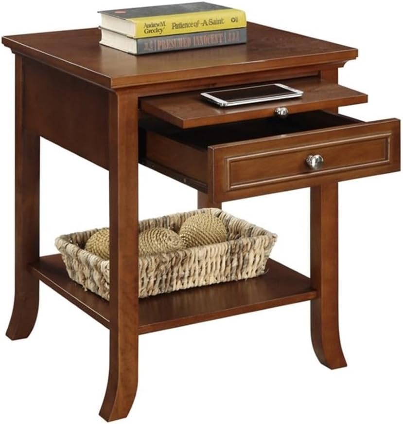 Pemberly Row Contemporary Wood End Table, Espresso Finish, 24" H x 18" W x 18" D, Bottom Shelf and Drawer Storage, Pull-Out Tray, Easy Assembly, Living Room Furniture