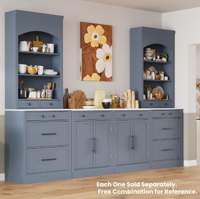 83.7inch High Kitchen Pantry, Wood Freestanding Tall Kitchen Hutch with 5 Storage Drawers and Adjustable Shelf, Display Cupboard Cabinet with Faux Marble Top for Dining Room, Set of 2 (2, Gray-TA1)