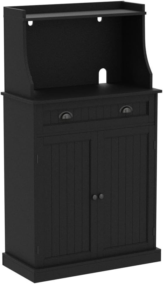 HOLTICO 54" Microwave Storage Cabinet with Doors, Black | Freestanding Kitchen Pantry with Drawer, Coffee Bar Station with Cable Management