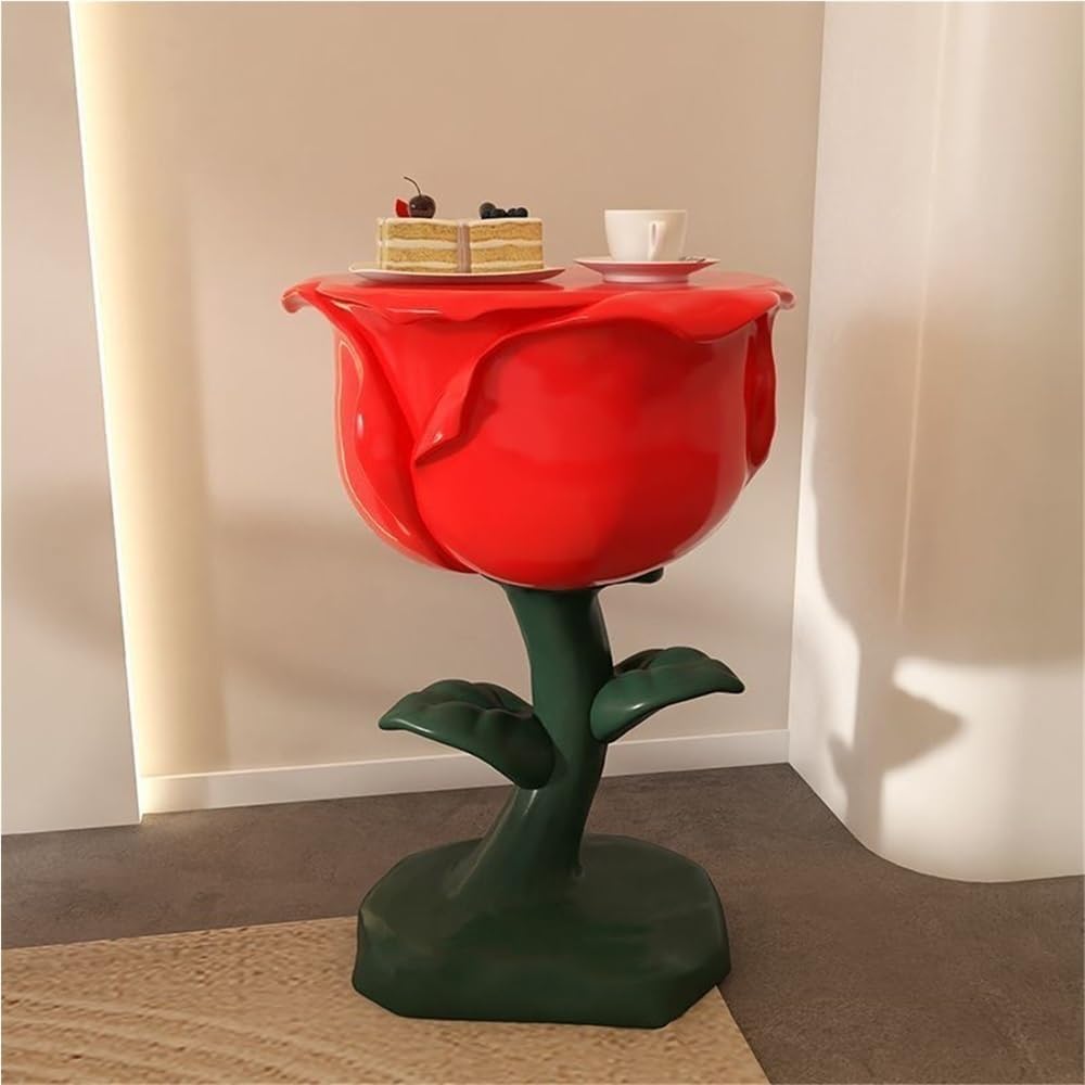 Romantic Rose-Shaped Side Table, Resin Bedside Table with Round Corner, Multi-Functional End Table, Decorative Table for Living Room, Bedroom
