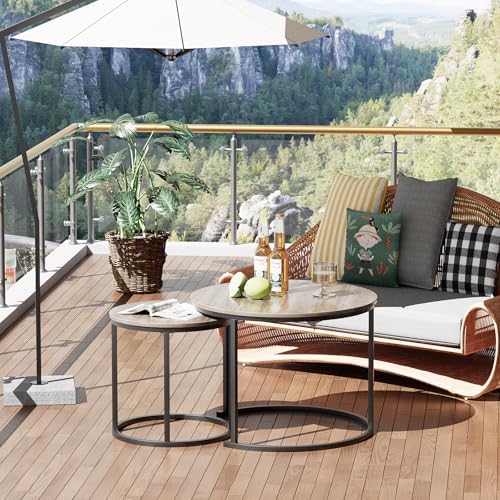 aboxoo Coffee Table Nesting Side Round Table Set of 2 End Table with Sturdy Metal Frame for Living Room Bedroom Apartment Modern Industrial Simple Nightstand,Oak