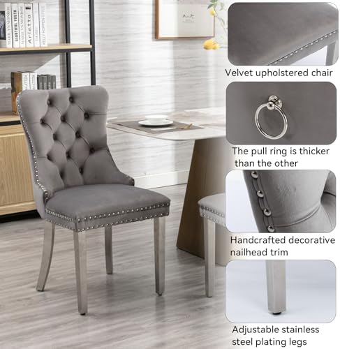 Round Modern Dining Table Set for 4, 47" Circle White Faux Marble Kitchen Table with 4 Grey Velvet Upholstered Dining Chairs,Wooden Kitchen and Dining Room Table Set for Dining Room