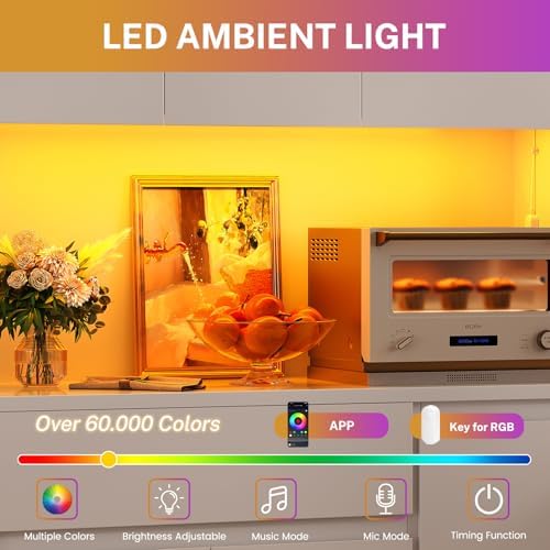 TEENFON Pantry Cabinet with Charging Station and LED Light, Kitchen Pantry Cabinet with Microwave Stand, Kitchen Storage Cabinets with Adjustable Shelves and Door Shelves for Dining Room, White