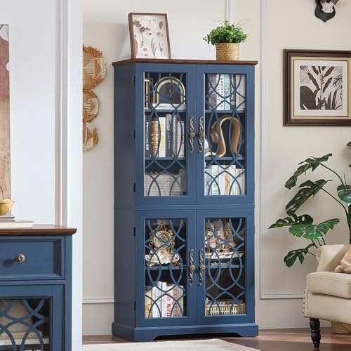 Joaxswe 67" Tall Pantry Cabinet Set of 3, Vintage Kitchen Pantries Cabinets with Glass Doors & Adjustable Shelves, Wood Cupboard with Large Storage for Dining Room, Bathroom, Navy Blue