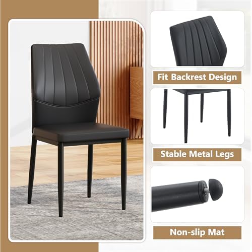 Modern Dining Chairs Set of 4，Black Dining Room Chairs Set, Comfy Kitchen Faux Leather Upholstered Chairs with Mental Legs， Easy Assembly