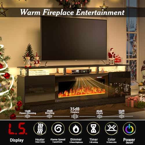 70" Fireplace TV Stand, Entertainment Center with 8 Stainless Steel, Black | 36" Electric Fireplace insert, Modern TV Console with LED light, 2-tier Media Console fits 80" TV, Spacious storage cabinets
