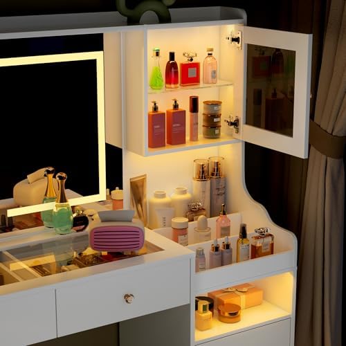wanan 62" Large White Vanity Desk with Glass Top, Makeup Vanity with Mirror and LED Lights, One-Touch 3 Lighting Modes, Dressing Table with 6 Drawers, 2 Cabinets and Power Outlet for Women, Girls