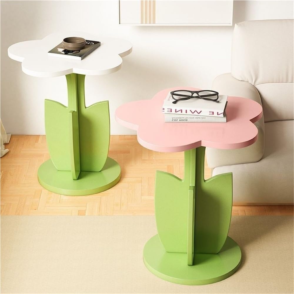 Funky Flower-Shaped Sofa Side Table, Small Nightstand/Coffee Table with Storage Tray, Cute Wooden End Tables, Furniture Decorative for Living Room, Bedroom, Small Spaces(Pink)