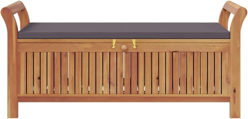 Solid Acacia Wood Patio Storage Bench with Cushion, Curved Arms, and Ample Storage Space for Garden Organization