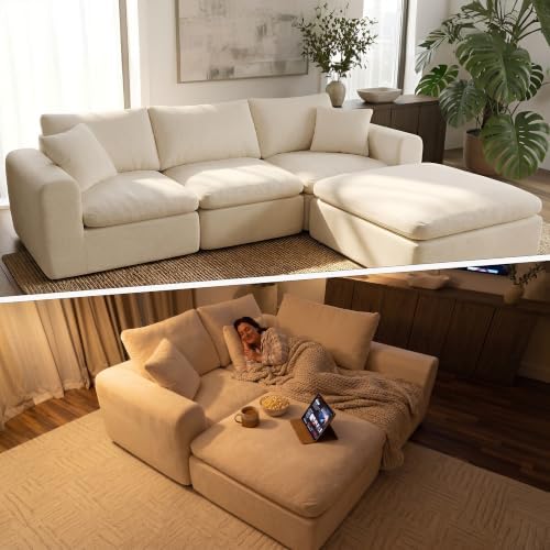 Modular Sectional Cloud Sofa, No Assembly Oversized Couch, Beige | Comfy Seating with High Back Pillows, Ideal for Living Room & Small Apartment, Durable Fabric for Families & Renters