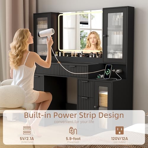 55" Vanity Desk with Mirror & Lights, Fluted Makeup Vanity with 8 Drawers & 4 Cabinets, Tempered Glass Top, RGB Cabinet Lighting, 3-Color Dimmable Mirror, and Charging Station