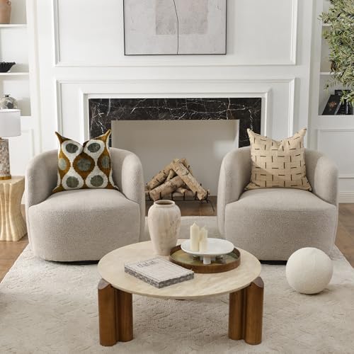 KINWELL 34" W Boucle Swivel Barrel Chairs with Pillow Set of 2, Taupe | No Assembly Round Sherpa Upholstered Armchairs Accent Chairs Single Sofa Chairs with Toss Pillow for Living Room and Bedroom