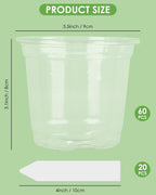 PACETAP 60Pack 3.5 Inch Reinforced Clear Nursery Pots with Drainage Holes, Variety Pack Plastic Plant Pots with 20 Plant Labels for Indoor Outdoor Flower Seed Starter