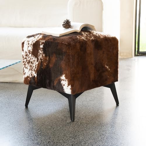 Tricolor Cow Print Ottoman, Faux Cowhide Footstool, Western Style | 16x16x17 Inch Cube Stool, Solid Metal Legs, Animal Print Ottoman, Farmhouse Decor for Living Room, Bedroom, Entryway