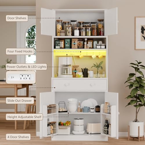 71" Tall Kitchen Pantry Cabinet with Microwave Countertop, LED Lights White | 29.5" W Wood Kitchen Hutch with Drawer, 4 Doors, Charging Station and Adjustable Shelf for Dining Room and Living Room