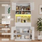 71" Tall Kitchen Pantry Cabinet with Microwave Countertop, LED Lights White | 29.5" W Wood Kitchen Hutch with Drawer, 4 Doors, Charging Station and Adjustable Shelf for Dining Room and Living Room