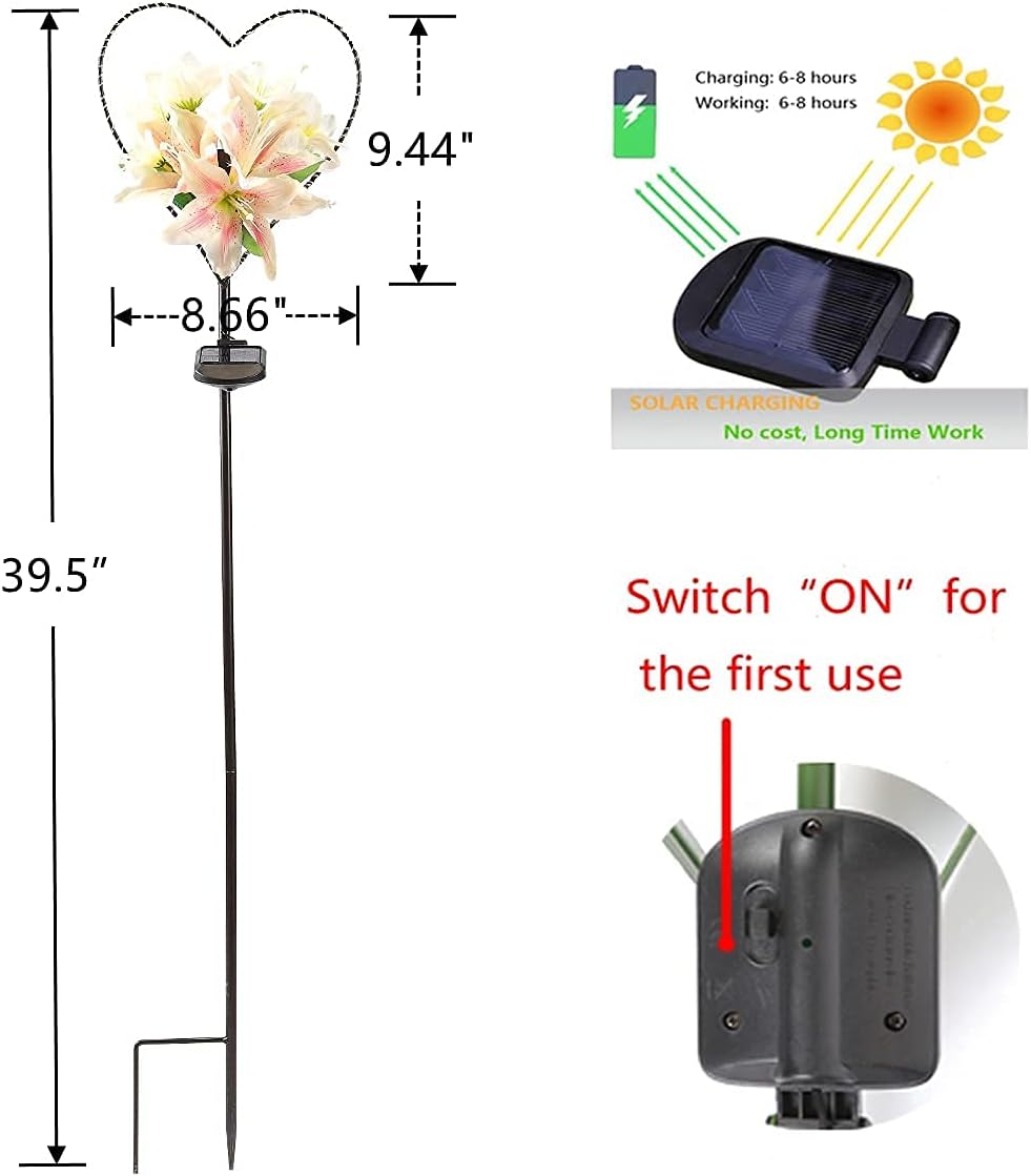Starryfill Garden Solar Lights Outdoor Heart-Shaped with White Lily Flowers, Metal Stake Lights with 25led Warm White Decorative for Remembrance Gifts Cemetery Decorations Birthday's Day