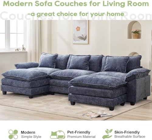 Oprisen 120" Modular Sectional Sofa, Comfy Deep Cloud Couch with Ottoman | U-Shaped Couches for Living Room, Modular Couch, Deep and Wide Seat, Chenille Sofa Sleeper with Throw Pillows, Blue