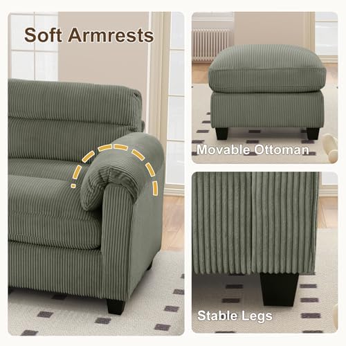HAOMARKETS Corduroy Sofa Set, Upholstered Armchair and Loveseat with Plush Cushions and Rolled Arms, Modern Living Room Furniture Sets,Green