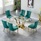 70" Modern Glass Dining Table for 6-8, Luxury Gold Glass Dining Room Table with Mirrored Floral-Shape Stainless Steel Base, Rectangle Kitchen Dinner Tables for Dining Room Kitchen