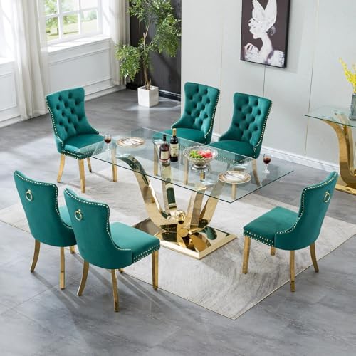 70" Modern Glass Dining Table for 6-8, Luxury Gold Glass Dining Room Table with Mirrored Floral-Shape Stainless Steel Base, Rectangle Kitchen Dinner Tables for Dining Room Kitchen